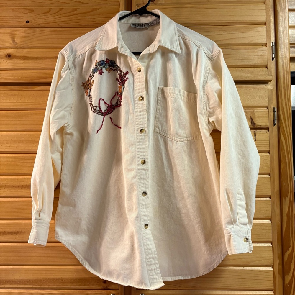 Vintage HAIK’S Cream Button Down Long Sleeve Shirt with Embroidery, Size M